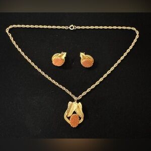 Gold-Tone Goldstone Leaf Necklace & Clip-On Earrings Set